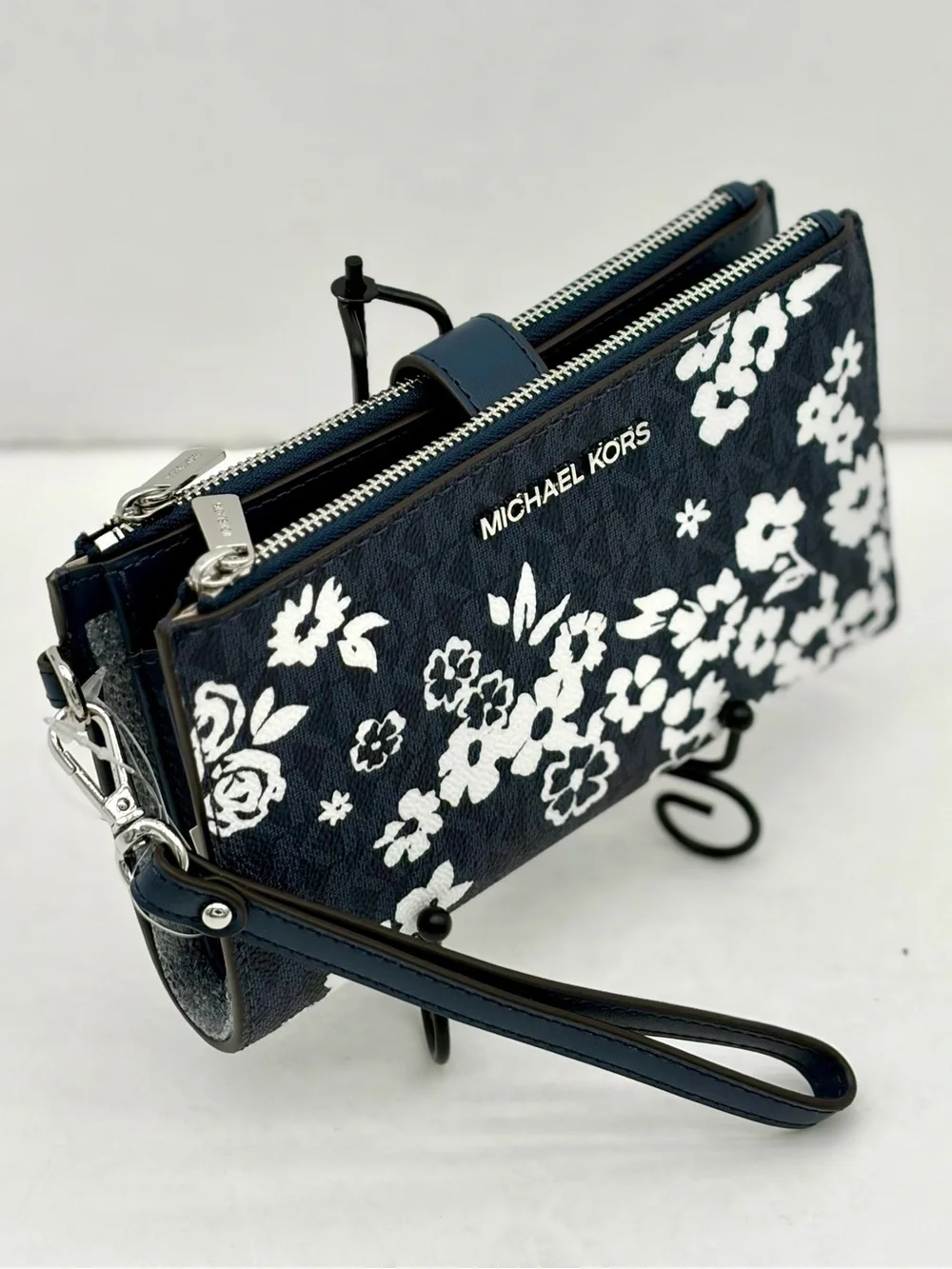 Michael Kors Navy Blue Floral Logo Wristlet Clutch